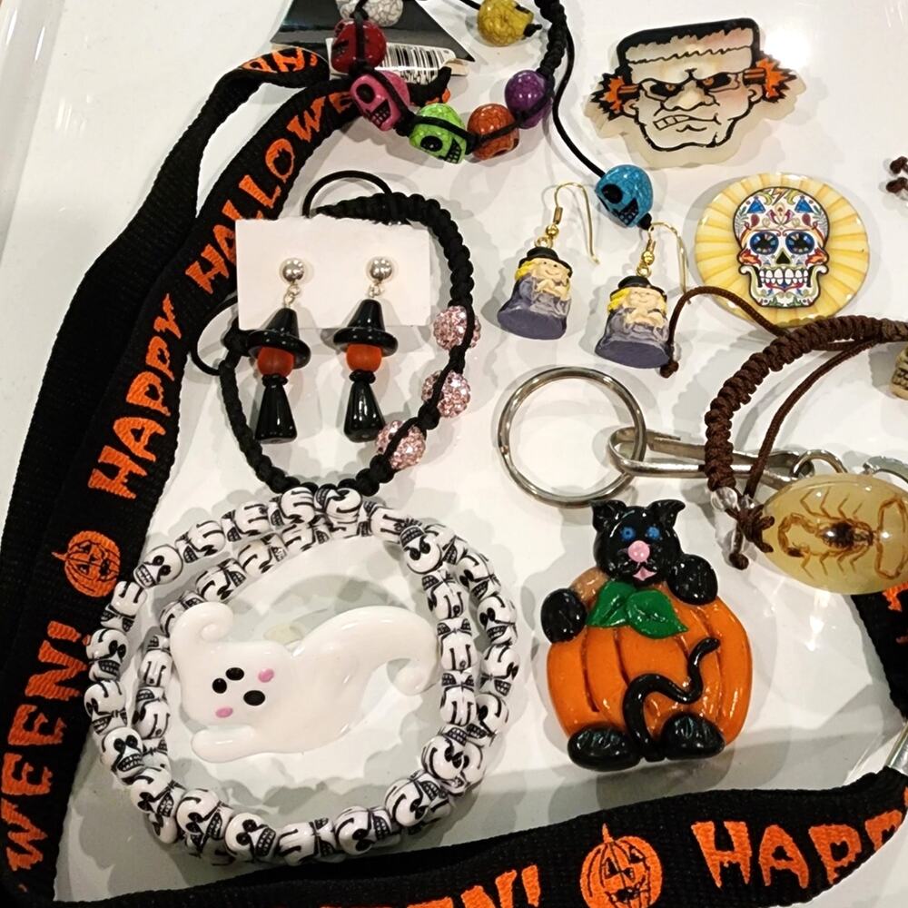Halloween Jewelry Lot Kids 13 Pc Skull Ghost Pumpkin Bracelets Earrings
